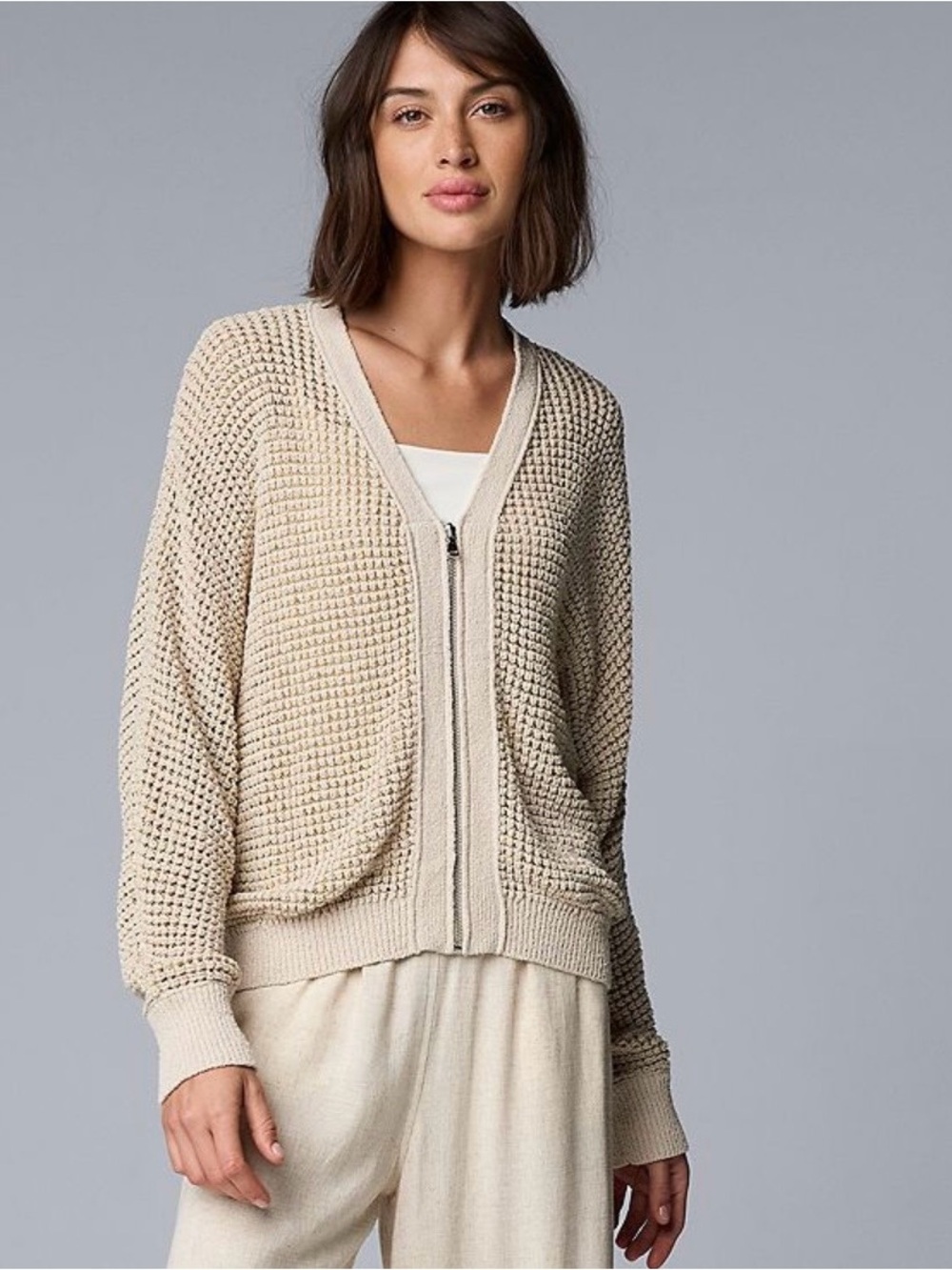 VERA WANG Batwing Zip Front Sweater with Gold Stitching